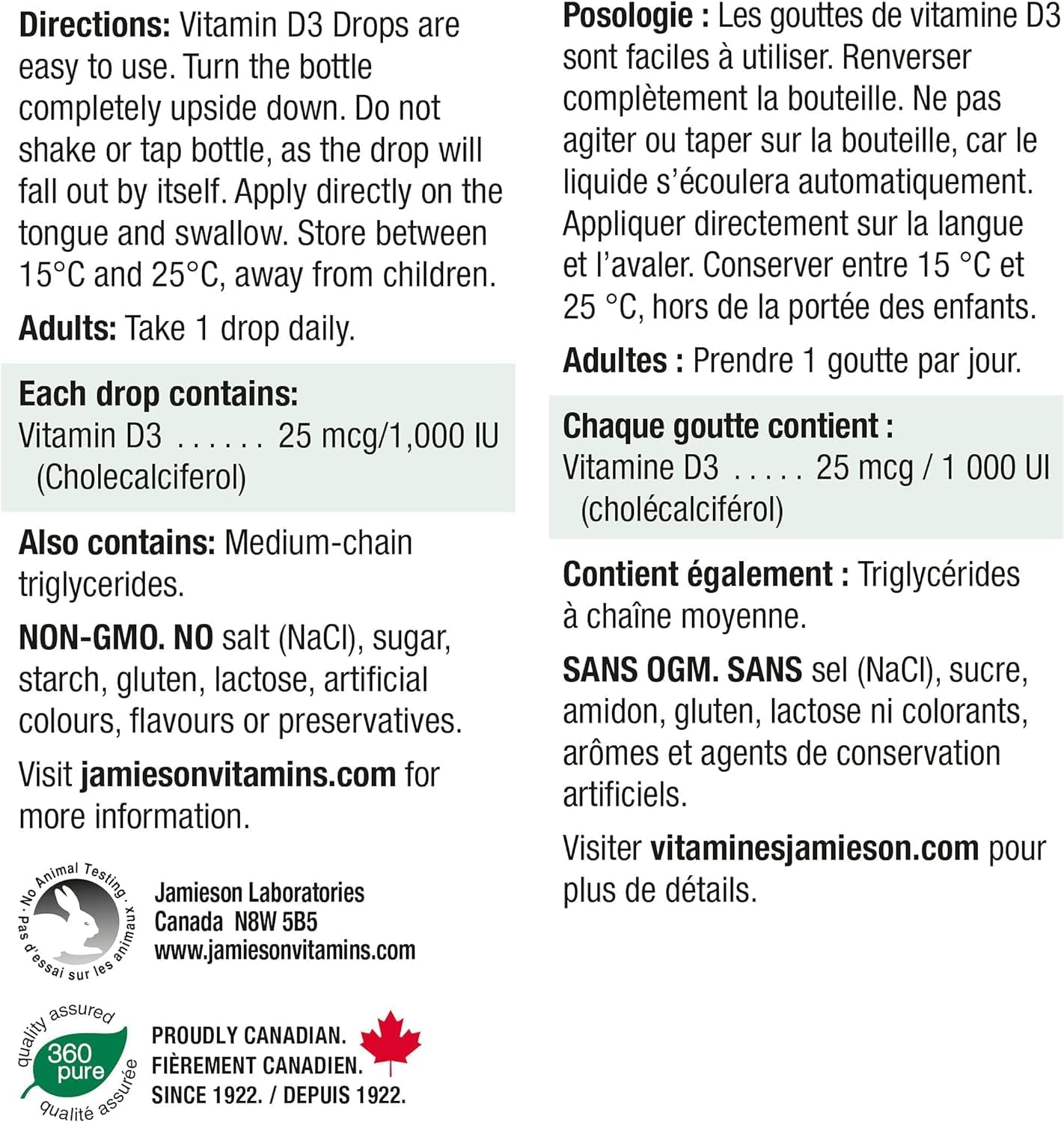 Jamieson 維生素 D3 1,000 IU 滴劑,支持免疫健康,強健骨骼和牙齒,增強鈣和磷的吸收。非基因改造,無麩質,不含人工香料、色素或防腐劑,360 滴液體滴劑,配方…