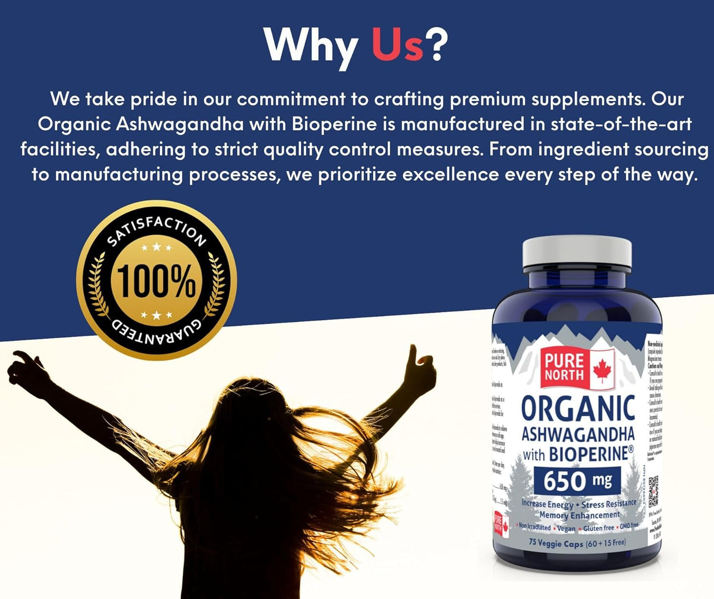 Pure North Naturals - 有機南非醉茄,含 BioPerine,75 粒素食膠囊,18 天用量 - 提高能量、認知功能和記憶力 - 經第三方測試 - 加拿大配製和製造