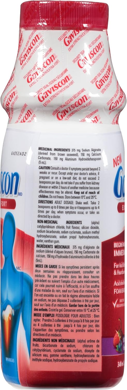 Gaviscon Liquid Extra Strength Antacid - 340 ml - Antacid Liquid for Day and Night Heartburn Relief, Acid Reflux and GERD Relief, Fruit Blend - Free of Aluminum, Lactose and Gluten