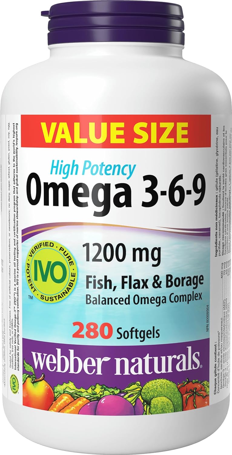 Webber Naturals Omega 3-6-9 1,200 mg Fish Oil, 280 Softgels, Supports Cardiovascular Health and Brain Function