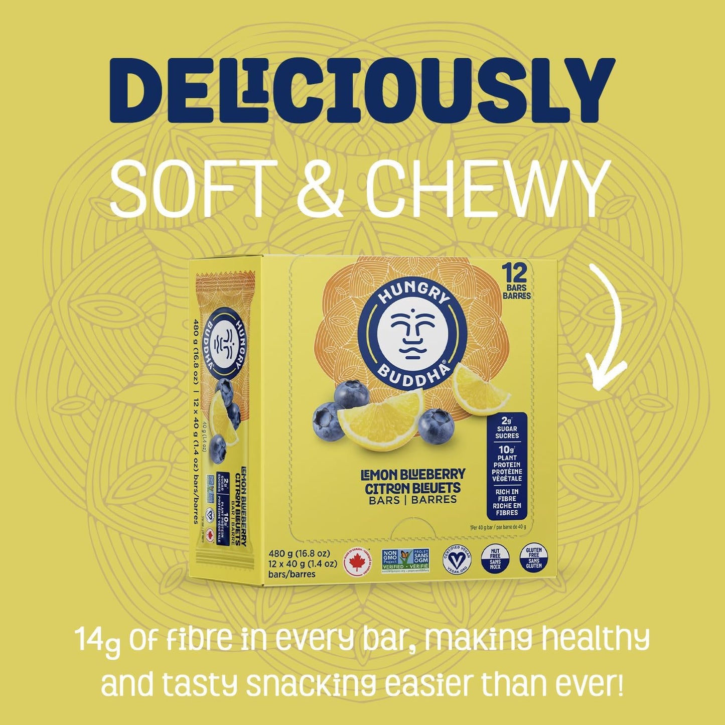 HUNGRY BUDDHA Plant-Based Protein Bars, Low Sugar, High Protein Energy Snack, Dairy-Free & Peanut-Free, Pack of 12, Lemon Blueberry
