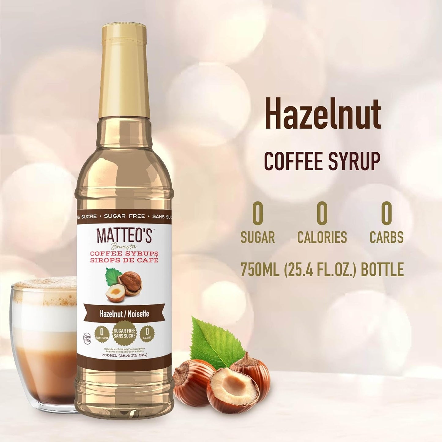 Matteo's Barista 风格无糖咖啡糖浆 - 零卡路里生酮友好型咖啡糖浆和调味料 - 美国制造犹太洁食无糖咖啡调味糖浆,适合家庭和工作(榛子味,25.4 盎司,1 包)