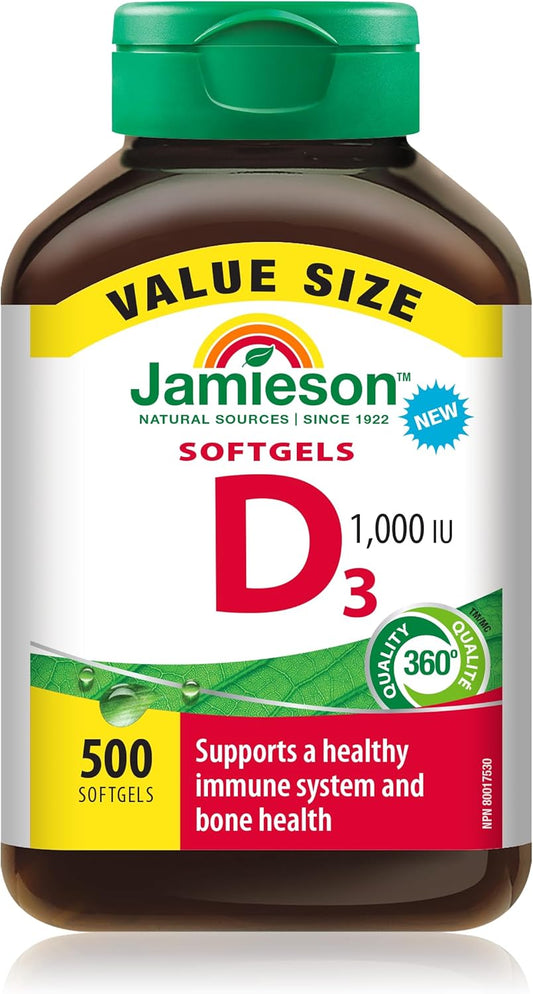 Jamieson 维生素 D3 1,000 IU 软胶囊,易于吞咽,支持免疫健康,强健骨骼和牙齿,增强钙和磷的吸收。非转基因,无麸质,每日一粒,500 粒,加拿大制造