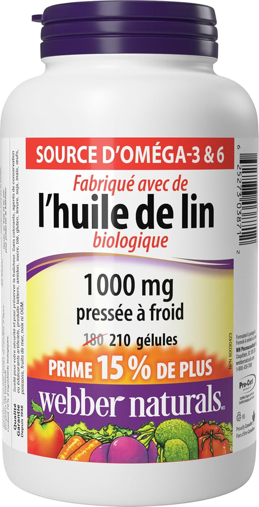 Webber Naturals 亞麻仁油 1000 毫克,210 粒軟膠囊,植物來源 Omega-3,有益於心臟、大腦和心血管健康
