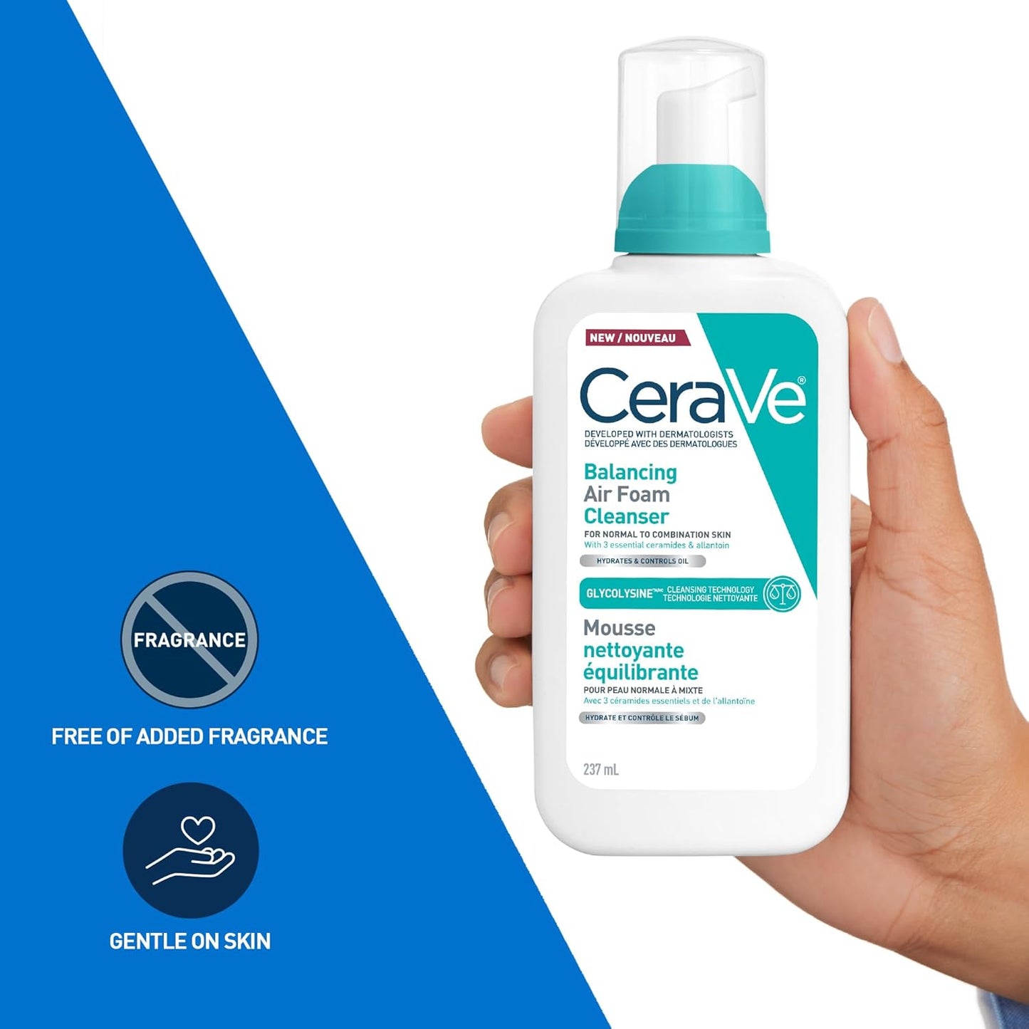 CeraVe Balancing Air Foam Cleanser, Gentle Facial Cleanser For Normal to Combination Skin With 3 Ceramides and Glycolysine™, 8HR Oil Control & 24HR Hydration, Lightweight Air-Foam Texture, 237ml