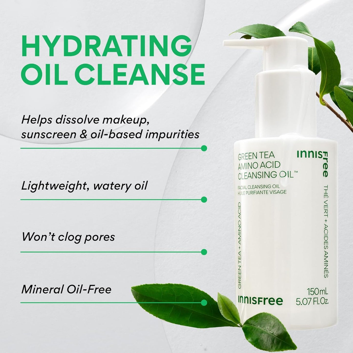 innisfree Green Tea Amino Acid Cleansing Oil, Hydrating Korean Face Wash with Jojoba, Makeup Remover, Sunscreen Dissolving Formula