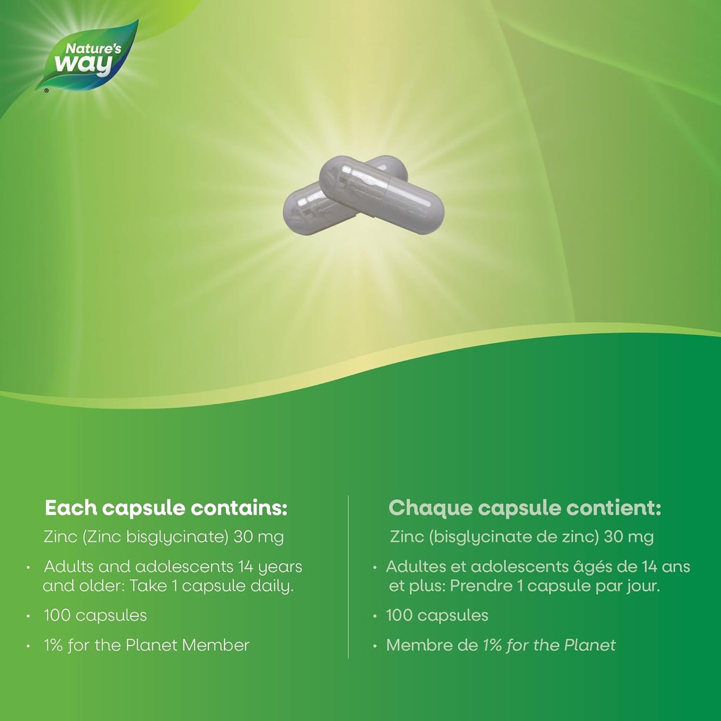 Nature's Way 鋅螯合物 - 免疫系統、能量代謝和整體健康支持 - 預防鋅缺乏症 - 每粒膠囊含 30 毫克鋅螯合物 - 不含麩質 - 100 粒膠囊