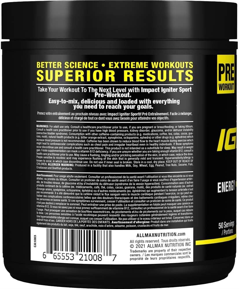 ALLMAX IGNITER 运动前补充剂,桃芒果味 - 320克,50份 - 增强能量、力量和泵感,含咖啡因、肌酸和β-丙氨酸