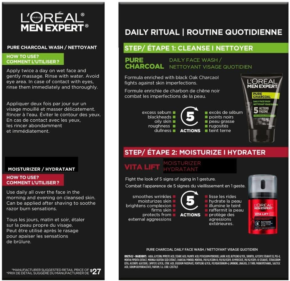 L’Oréal Paris Daily Face Wash + Hydrating Face Cream Kit, Men Expert Skincare, Pure Charcoal Face Wash, Removes Impurities and Reduces Blackheads & Vita Lift Face Cream, Duo Pack