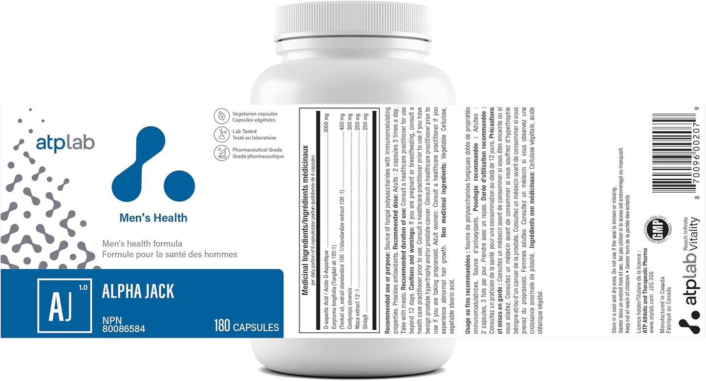ATP LAB - Alpha Jack 180粒胶囊,30天用量 - 男士健康补充剂 - 能量支持和天然补充剂 - 男士抗氧化补充剂 - 加拿大配方和制造
