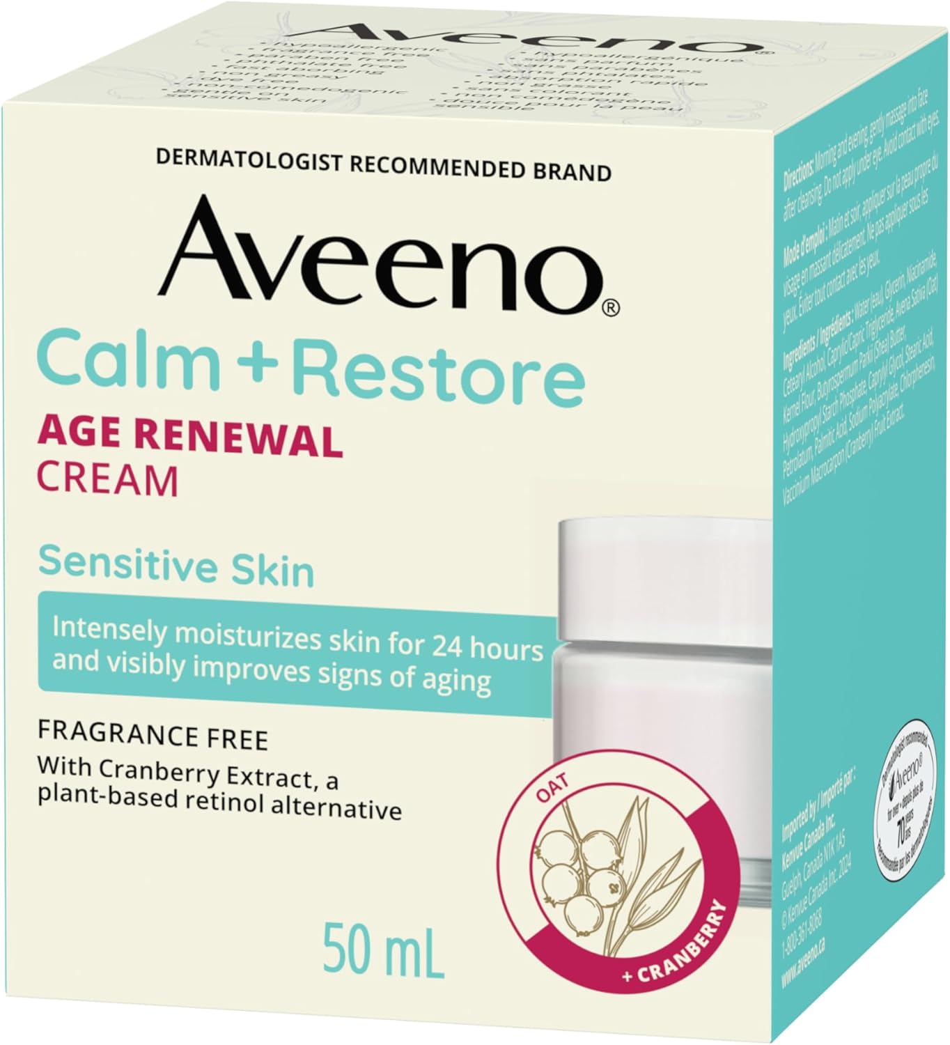 Aveeno Calm + Restore 抗衰老焕肤霜,燕麦、烟酰胺、天然视黄醇替代品,抗衰老干性皮肤保湿霜,无香型,50 毫升