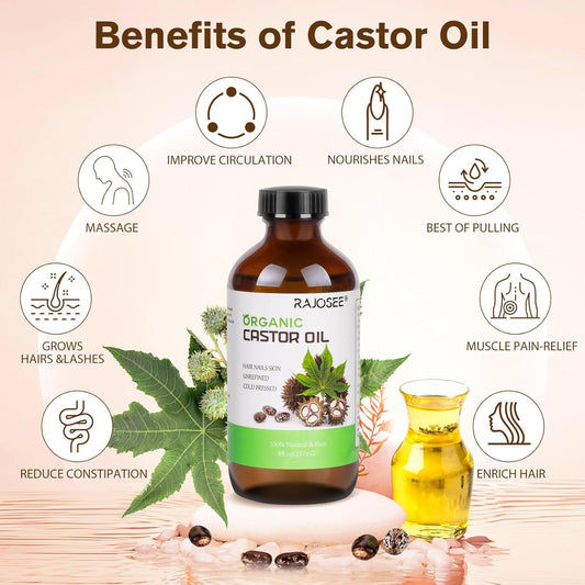 RAJOSEE 32Pcs Castor Oil Packs with Organic Cold Pressed Castor Oil in Glass Bottle, Cotton Wraps for Waist, Back, Neck, Arm, Self-Adhesive