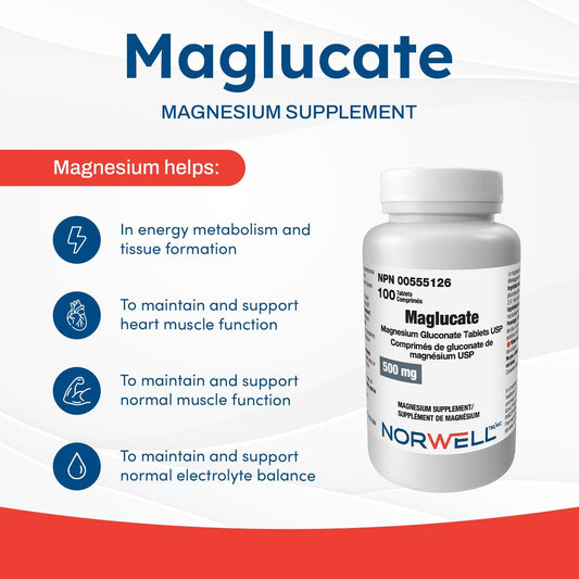 Maglucate,葡萄糖酸鎂每日劑量,促進整體健康,男女適用鎂補充劑,支持肌肉功能,500毫克,100片