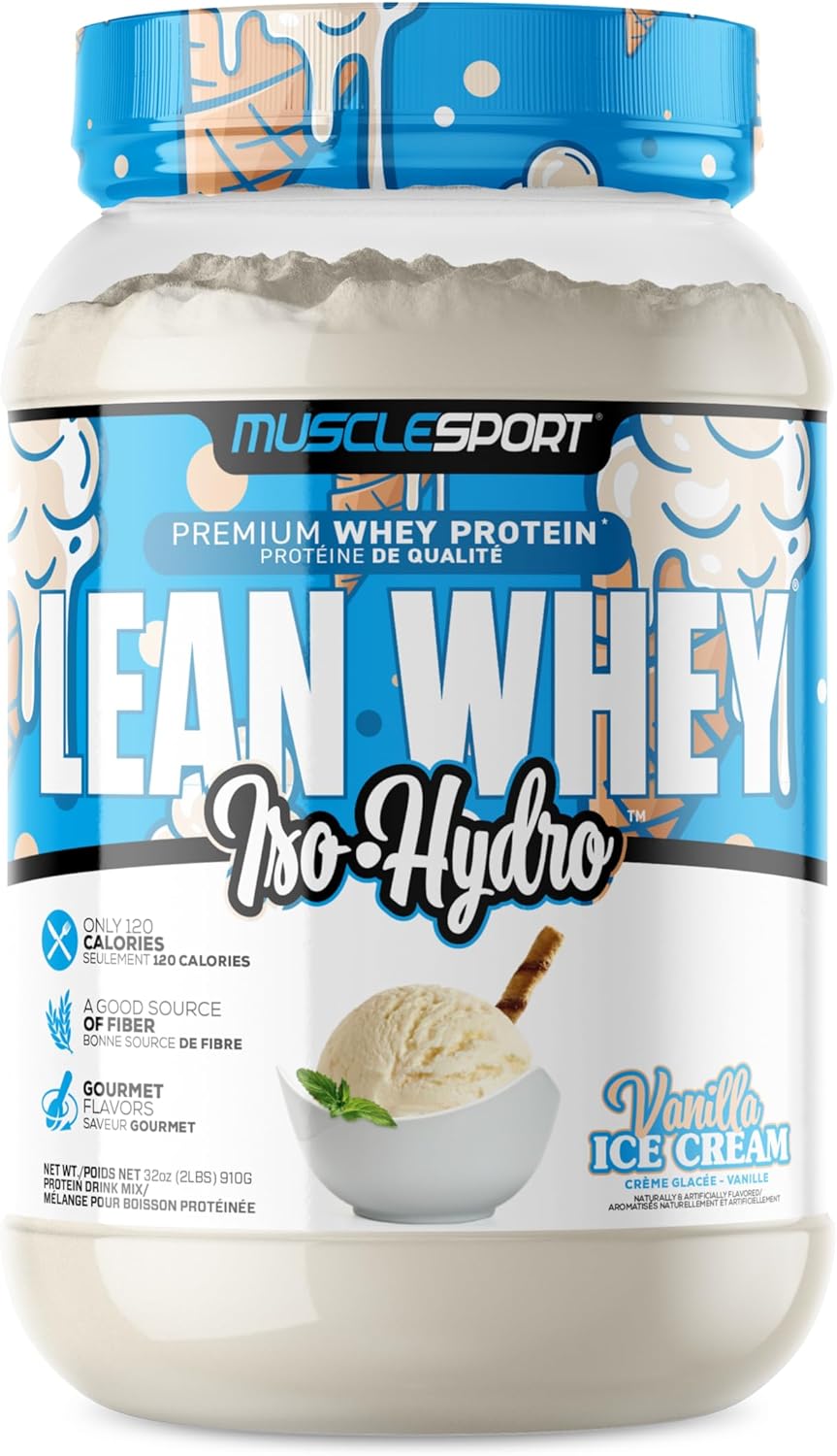 MuscleSport Lean Whey Protein Powder - Whey Protein Isolate - Low Calorie, Low Carb, Low Fat, Incredible Flavors - 25g Protein per Scoop - 2lb Vanilla Ice Cream