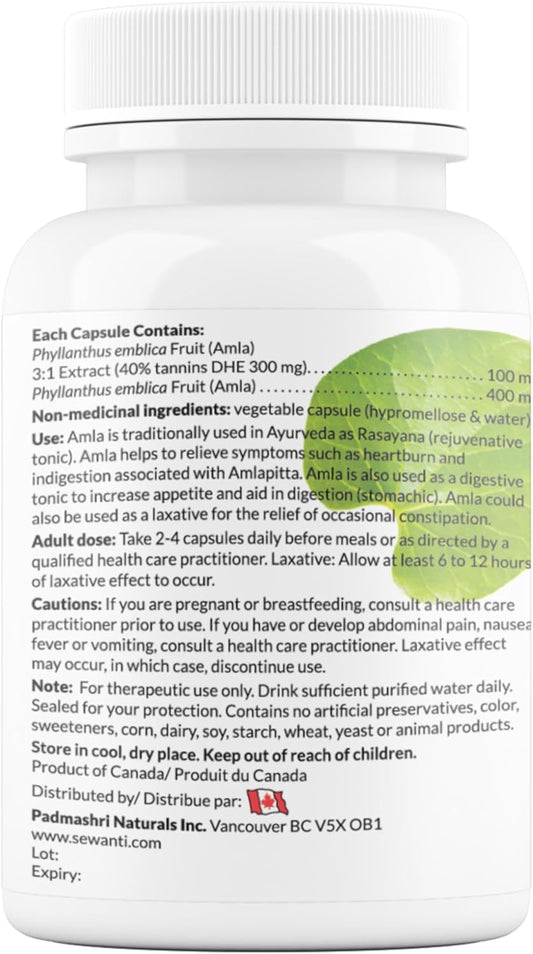Sewanti Organic Amla Digest, Digestant, Laxative, rejuvenative, NPN 80065069, 60 Vegan High Potency Extract Capsules, 500mg