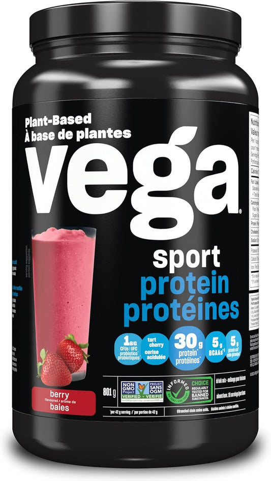 Vega Sport Protein 素食蛋白粉,莓果味(19 份)支鏈胺基酸和運動後恢復加速劑,熱帶風味(20 份)素食、非乳製品、無麩質、支鏈氨基酸,540 克(包裝可能有所不同)