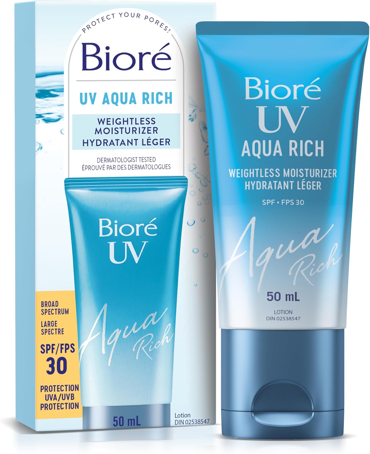 Bioré UV Aqua Rich 轻盈保湿霜(SPF 30)| 经皮肤科医生测试,具有隐形紫外线防护功能的面霜 | 50毫升 | 加拿大制造