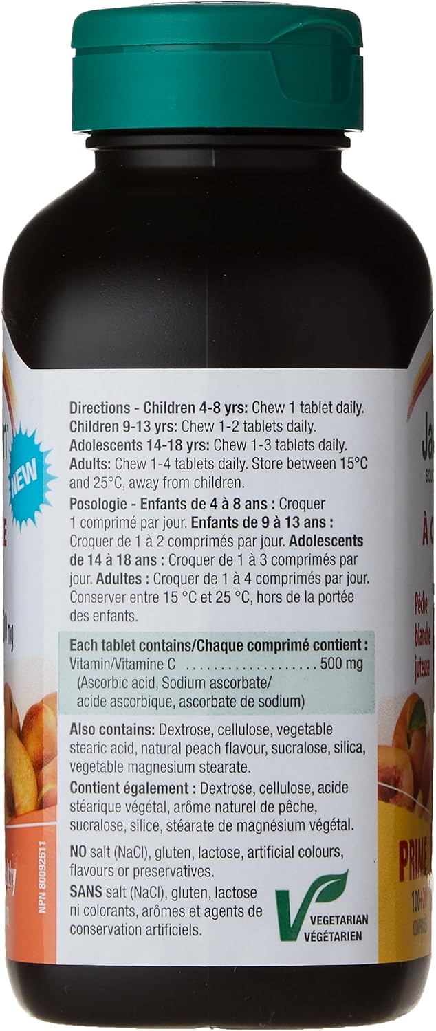 Jamieson 儿童维生素 D 400IU 咀嚼片 100 片和维生素 C 500mg 咀嚼片(白桃口味)120 片