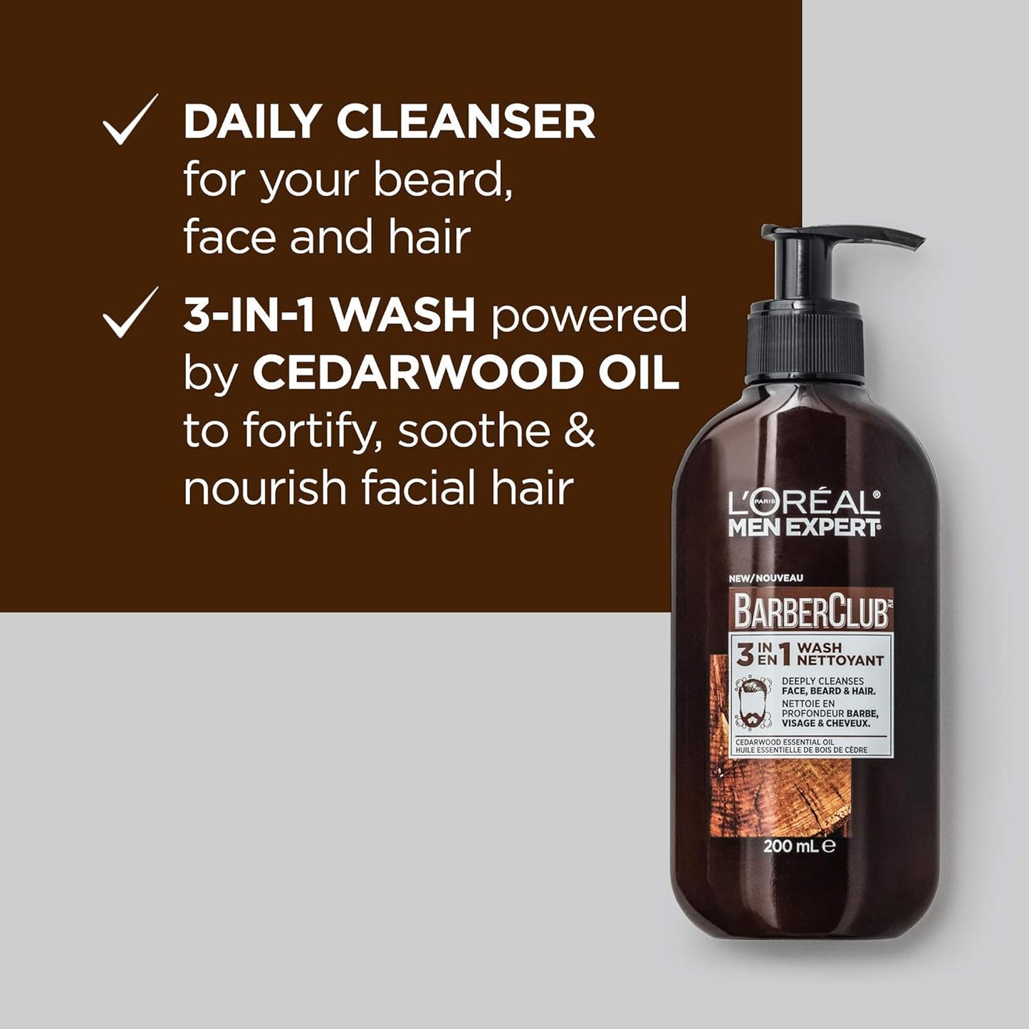 L'Oreal Paris Men Expert BarberClub 3-in-1 Hair Face and Beard Wash + Face Wash for Men Pure Charcoal Skincare