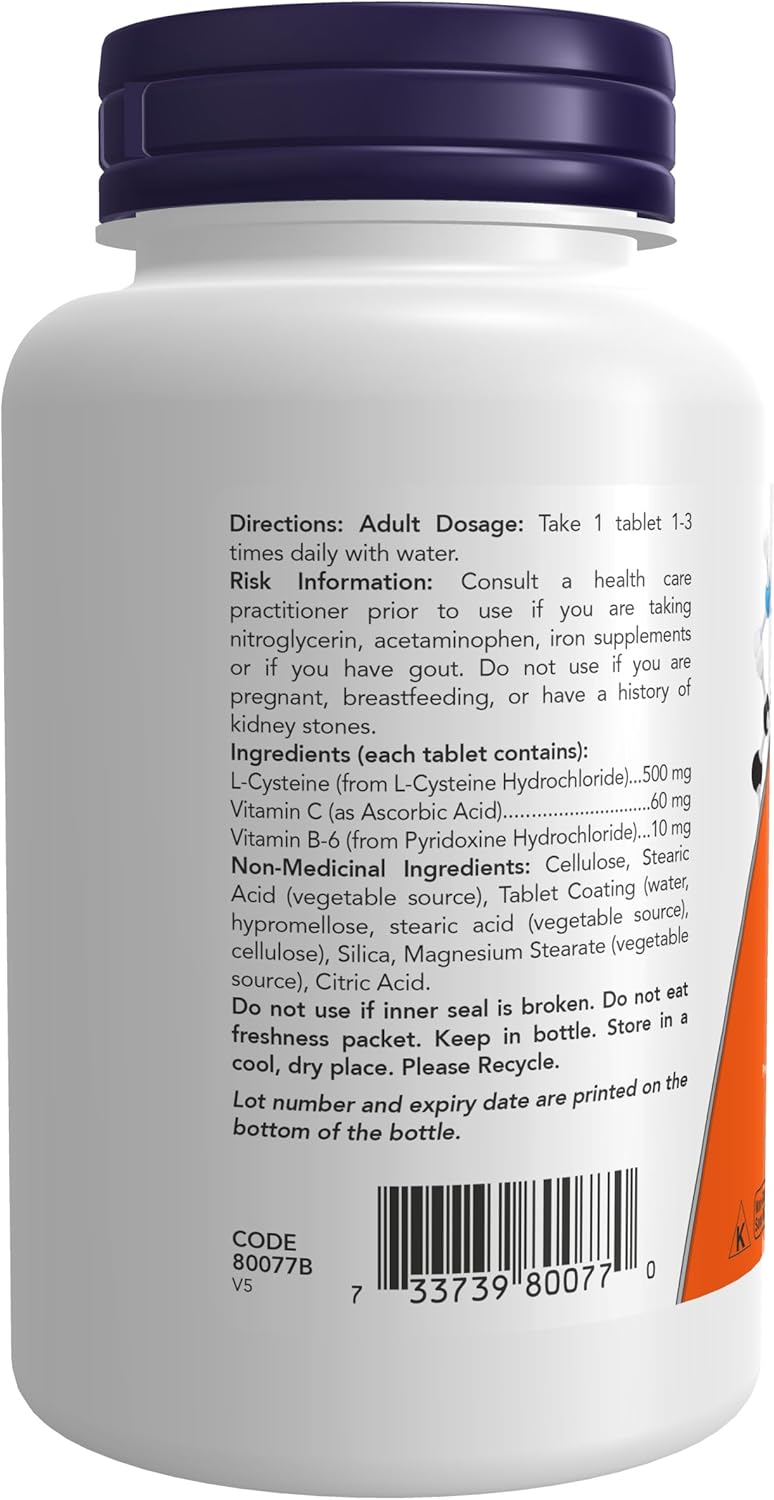 NOW Supplements, L-半胱氨酸 500 毫克,含维生素 B-6 和 C,结构支持,100 片