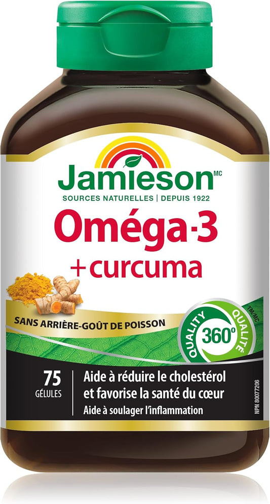 Jamieson Omega-3 + Turmeric Softgels, No Fishy Aftertaste, Supports Heart, Brain, and Joint Health. Fish Oil, Reduces Cholesterol and Inflammation, with EPA and DHA, Gluten-Free, 75 Count, Proudly Canadian