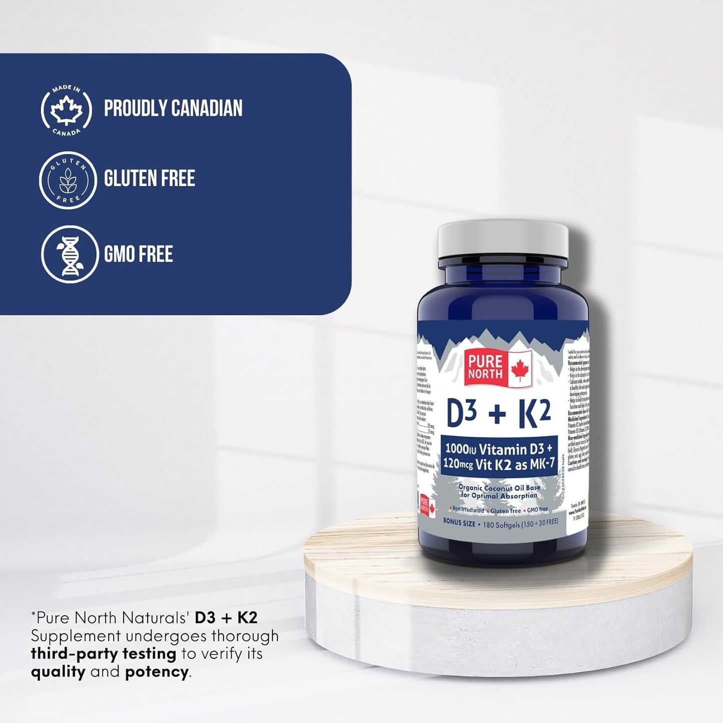 Pure North Naturals - D3 + K2 維生素補充劑 180 粒軟膠囊,180 天供應量 - 骨骼和牙齒健康 - D3 1000IU + K2 MK7 120mcg,含有機椰子油 - 經第三方測試 - 加拿大配製和製造