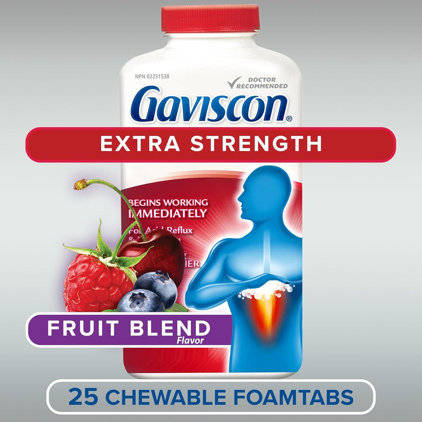 Gaviscon Extra Strength Tablets - 25 Count - Chewable Foaming Antacid Tablets for Day and Night Heartburn Relief, Acid Reflux and GERD Relief, Fruit Blend - Free of Aluminum, Lactose and Gluten