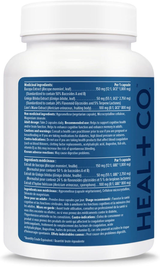 HEAL + CO. Brain Complex | 3 Potent Extracts – Bacopa, Ginkgo Biloba & Lion's Mane | Memory + Cognition Supplement | 120 Capsules