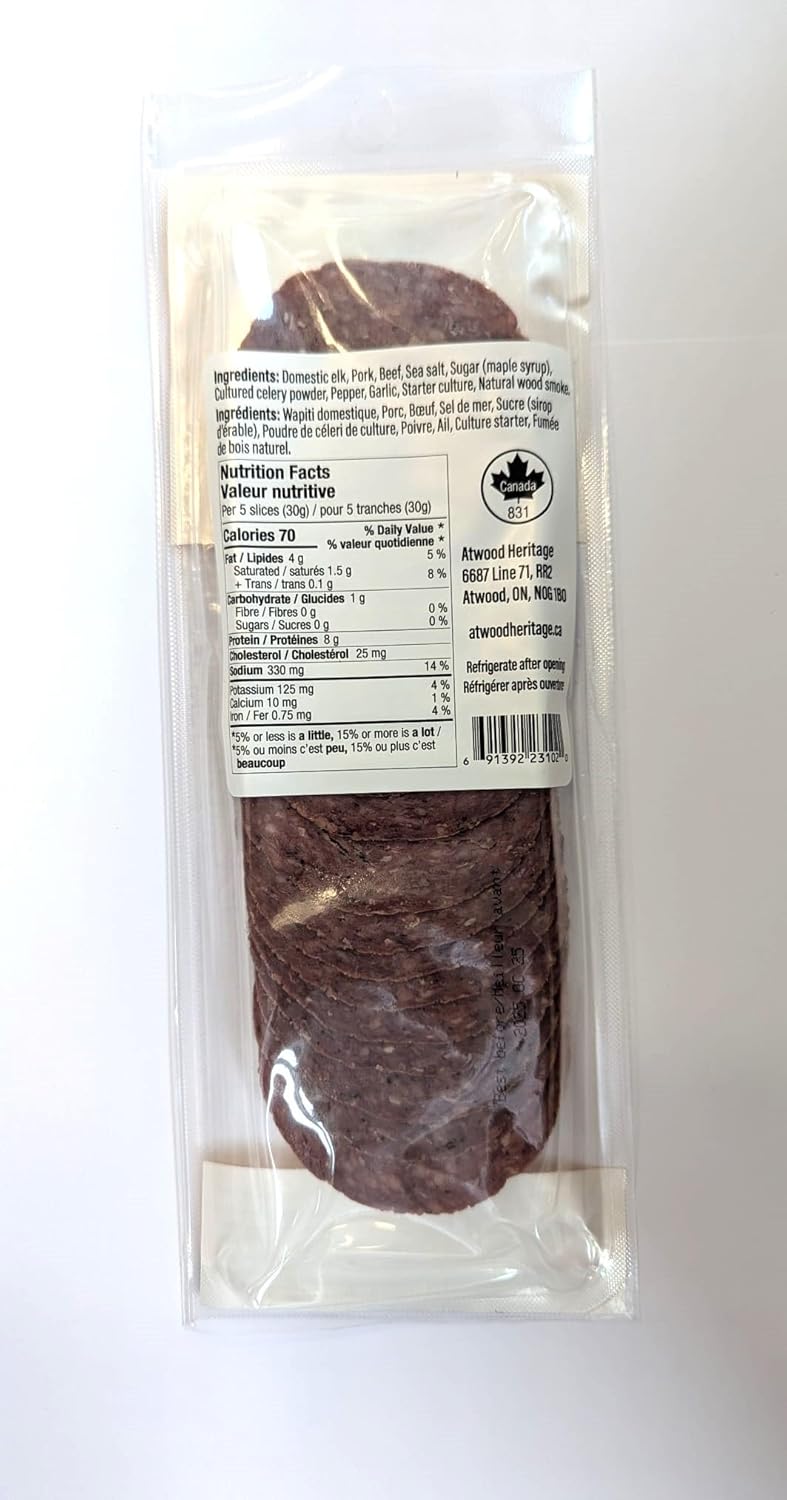 Atwood Heritage 麋鹿豬肉牛肉薩拉米香腸,125克,高蛋白,無麩質,無硝酸鹽,加拿大製造