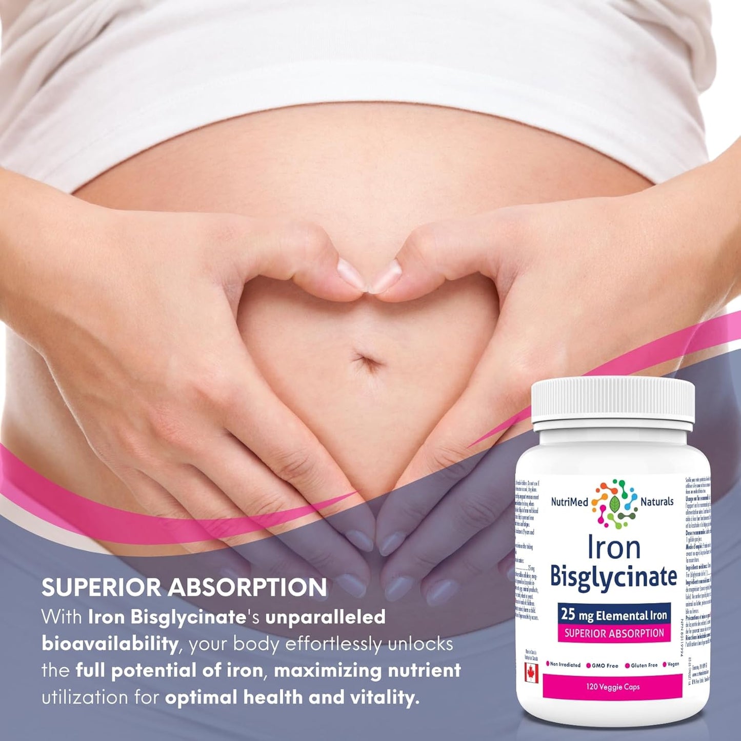 Nutrimed Naturals - 甘氨酸鐵,120 粒素食膠囊,120 天用量 - 25 毫克元素鐵缺乏性貧血和相關疲勞和乏力 - 經第三方測試 - 加拿大配製和製造