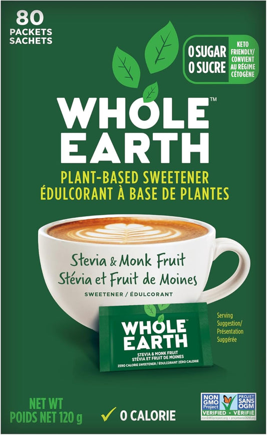 Whole Earth Sweetener Company 甜菊糖和罗汉果甜味剂、赤藓糖醇甜味剂、Sweet Leaf 甜菊糖包、糖替代品、天然甜味剂、80 粒装
