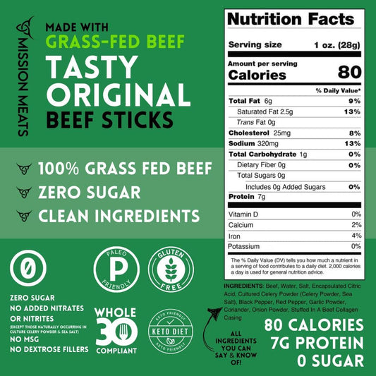 #1 Rated TASTY Non-GMO Grass-Fed Beef Sticks Gluten Free MSG Free Nitrate Nitrite Free Paleo Snacks Keto Healthy Natural Meat Sticks 12 Pack