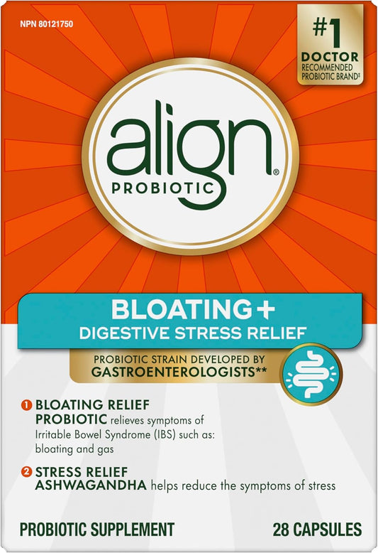 Align 益生菌,缓解腹胀和消化压力,含南非醉茄的男女益生菌,有助于缓解肠易激综合征 (IBS) 症状,例如腹胀、胀气和腹部不适,28 粒胶囊