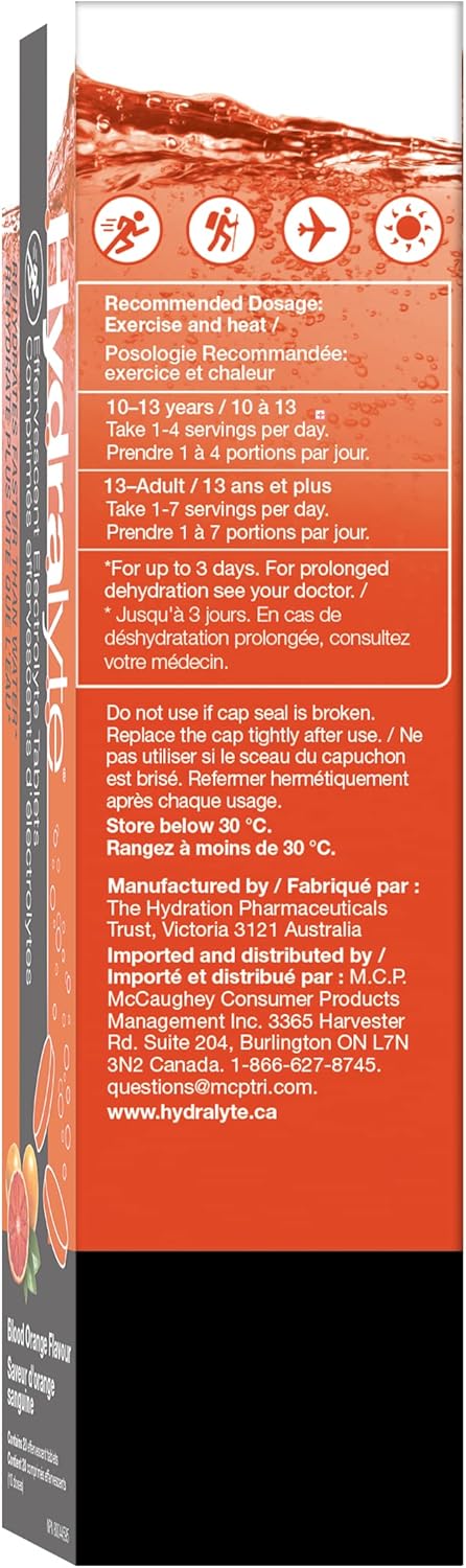 Hydralyte 电解质片 | 血橙味电解质 | 锻炼前和锻炼后补水解决方案,可提高性能并最大程度地恢复 | (每份 2 片,40 片)