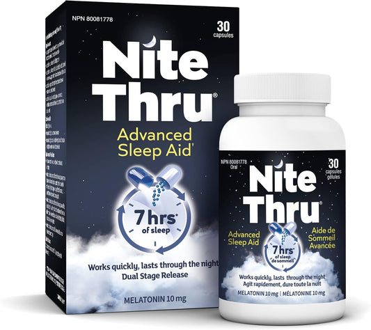 NiteThru 成人高级睡眠辅助剂,定时释放褪黑激素,快速起效并持续一整夜,10 毫克褪黑激素,30 粒胶囊