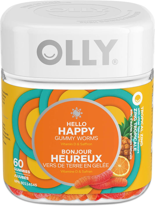 OLLY Hello Happy Gummy Worm 补充维生素热带风味和维生素 D 和每日能量软糖补充剂的混合物 100% 无咖啡因能量维生素热带激情混合物