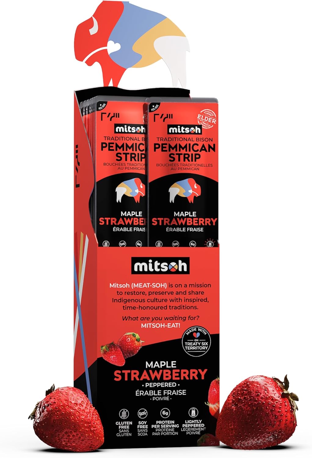 野牛草莓草莓乾點心 | 原住民超級食物 | 採用草飼野牛製成 | 加拿大原住民所有 | 高蛋白、無麩質、無大豆,4 包