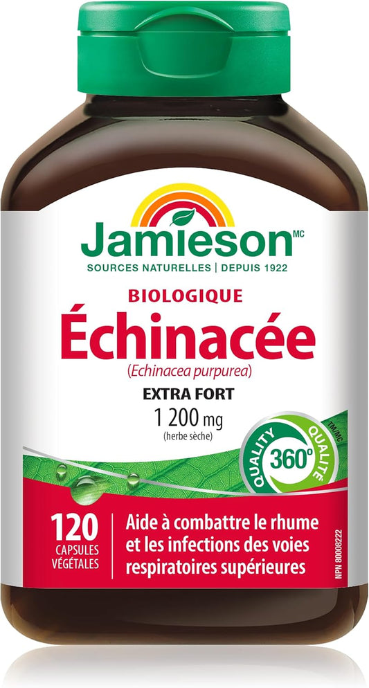 Jamieson Organic Echinacea 1,200 mg Vegetarian Capsules, Extra Strength, Provides Support Against Colds, and Upper Respiratory Tract Infections. With Echinacea pupurea, Non-GMO, Gluten-Free, 120 Count, Proudly Canadian