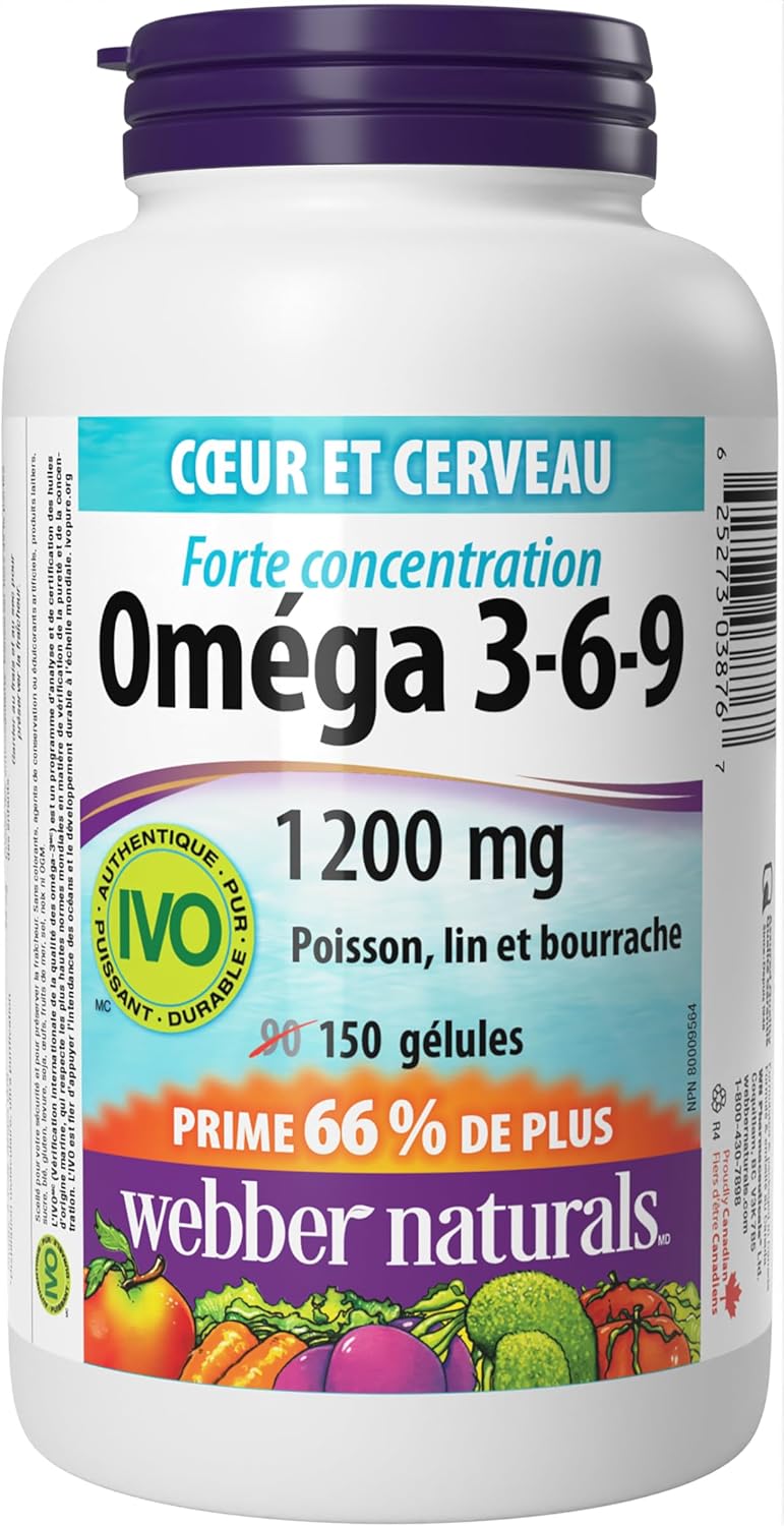 Webber Naturals Omega 3-6-9 1,200 毫克鱼油和维生素 D3 2500 IU 强效,180 粒软胶囊,有益于骨骼和牙齿健康,并有助于预防维生素 D 缺乏症