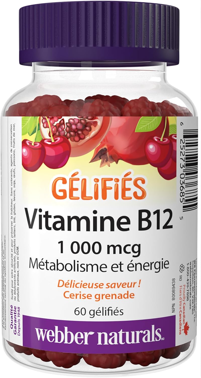 Webber Naturals 维生素 B12 氰钴胺 1,000 微克,60 粒软糖,支持能量生成和代谢,纯素