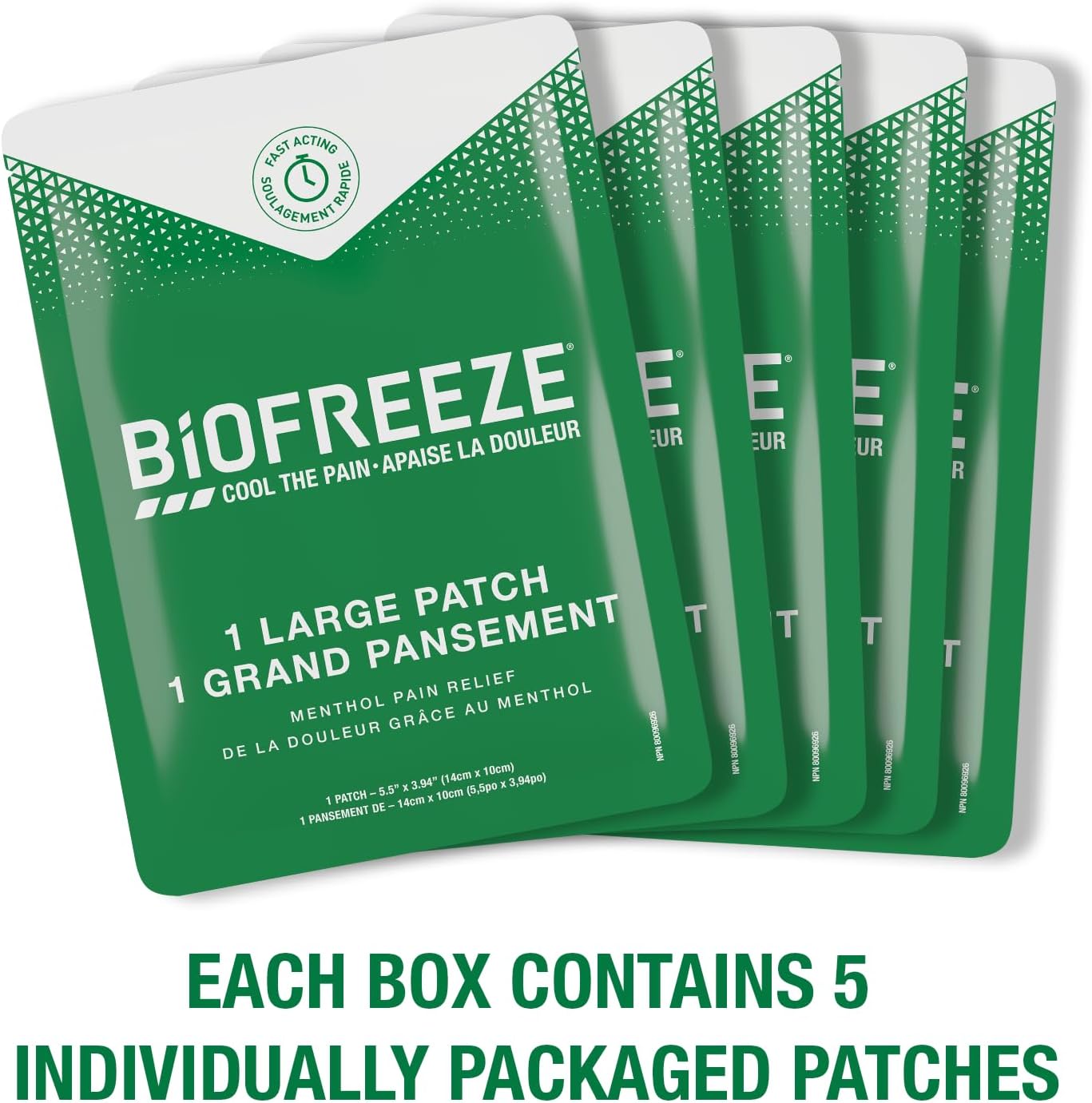 Biofreeze Patches (5 Large Size), Penetrating Pain Relief for Sore Muscles, Arthritis, Backaches, and Sore Joints, Fast Acting, Long Lasting, Cooling Menthol Formula, Mess Free Application, Flexible Fabric for Comfort,