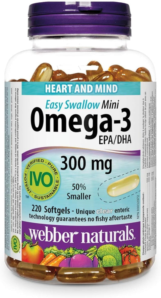 Webber Naturals Omega-3 300 毫克迷你装,220 粒透明肠溶无鱼腥味迷你软胶囊,支持心血管健康和大脑功能
