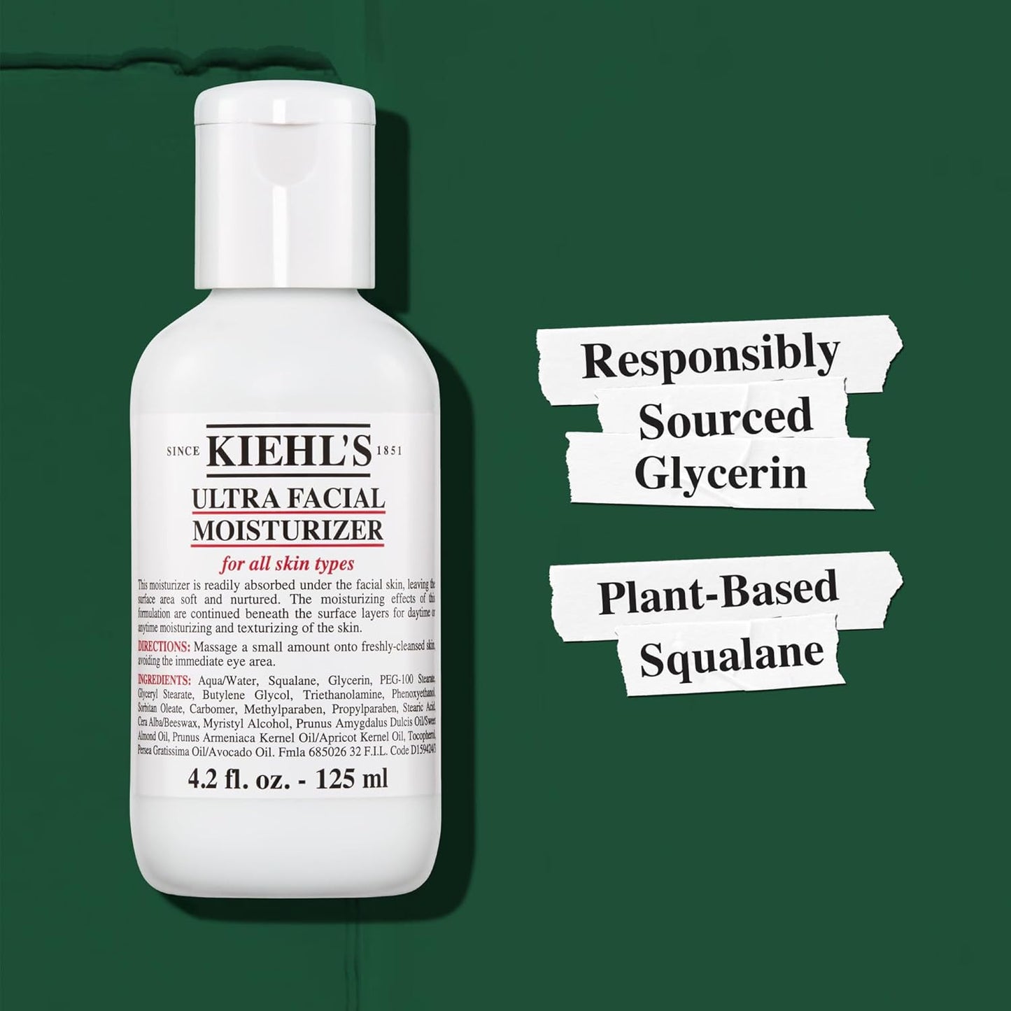 Kiehl's Ultra Facial Moisturizer, for Easy Daily Hydration, Infused with Squalane and Glycerin, Replenishes Moisture Barrier and Softens Skin, Suitable for All Skin Types, Fragrance-Free
