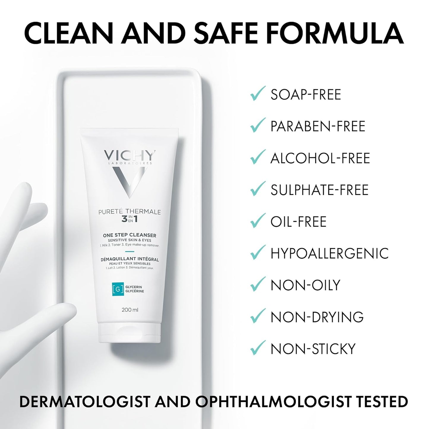 Vichy Gentle Facial Cleanser and Makeup Remover, Purete Thermal 3-in-1 Face Cleanser for Sensitive Skin, Hypoallergenic, Dermatologist Recommended, Paraben-Free, 200mL