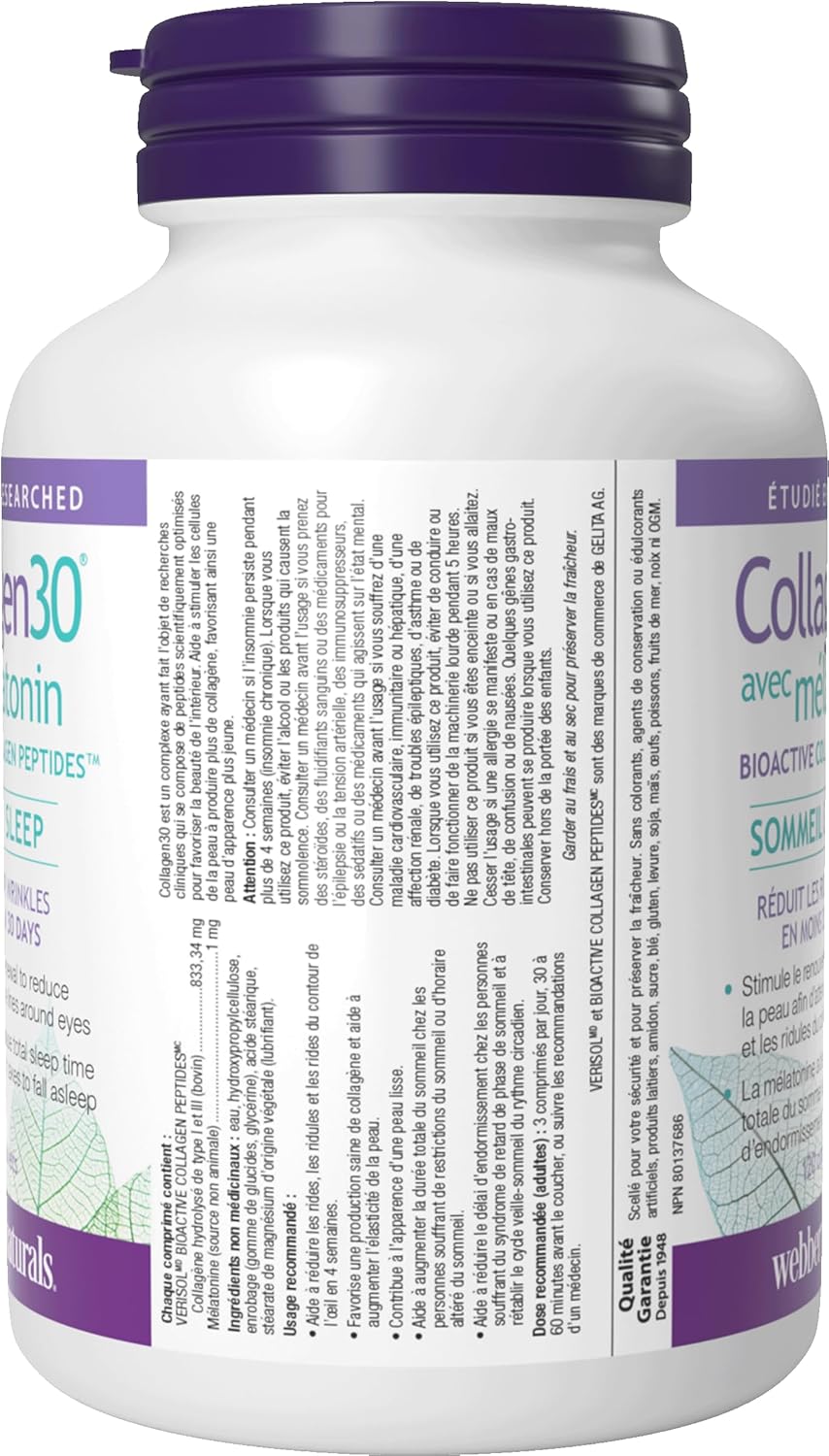 Webber Naturals Collagen30 含褪黑激素,每份含 2,500 毫克生物活性膠原蛋白勝肽和 3 毫克褪黑激素,120 片,有助於減少深層皺紋和細紋,促進睡眠