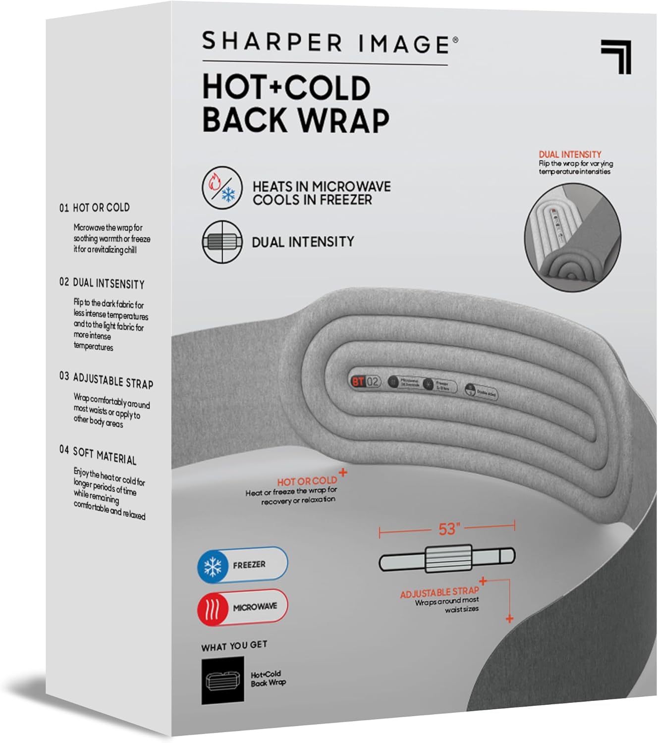 Sharper Image Hot + Cold Back Wrap, Dual Intensity Soft Fabric, 53" Length, Adjustable Comfort Fit, Soothing Heat & Revitalizing Cold Therapy, Workout Recovery Compression