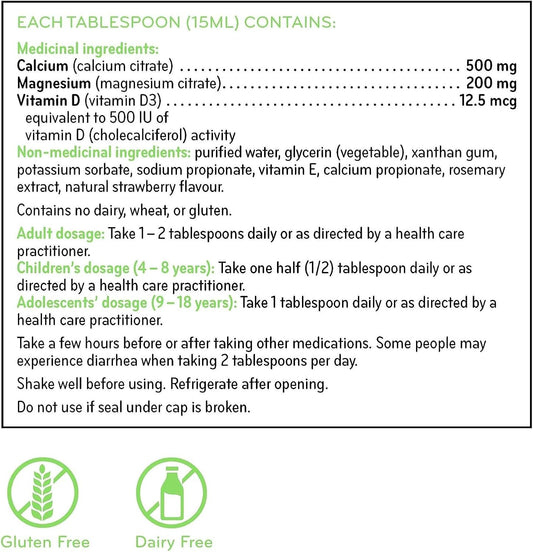 SISU 檸檬酸鈣鎂片,含維生素 D3 | 450 毫升 | 高效鈣鎂無糖液體,含 500 國際單位維生素 D | 適合兒童和成人 | 無麩質、不含乳製品、草莓味