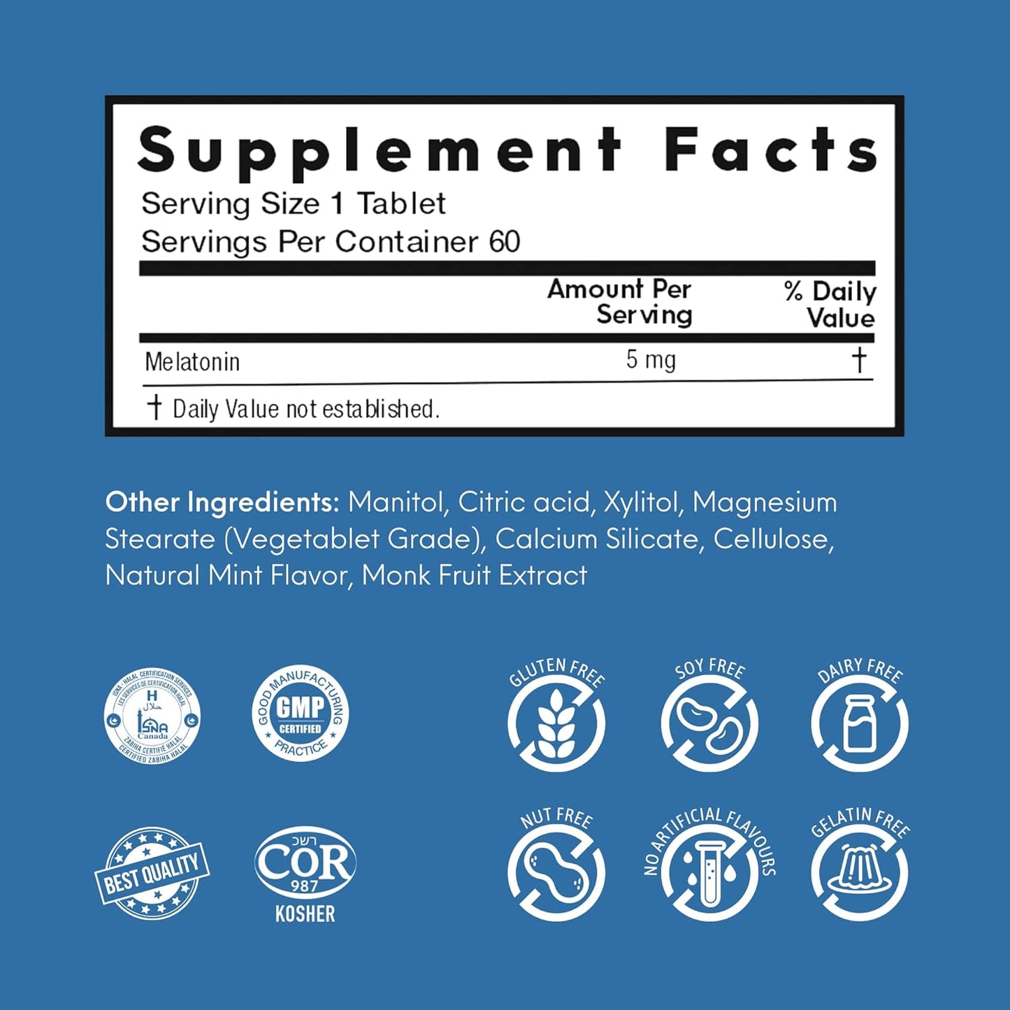 Nutrameltz 褪黑激素 5 毫克 – 天然助眠褪黑激素补充剂,缓解时差反应,帮助调节睡眠周期,速溶片,助您安睡 – 美味薄荷味(60 片)