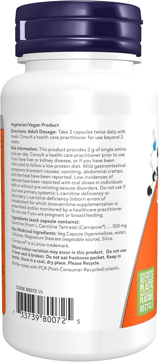 NOW Supplements,左旋肉鹼 500 毫克,最純淨形式,胺基酸,健身支持,60 粒素食膠囊