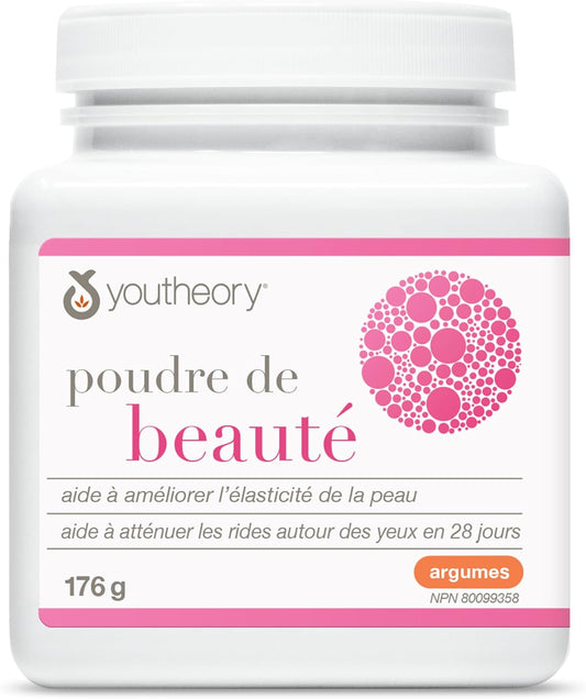 Youtheory 柑橘味美颜粉 176 克,含水解胶原蛋白、生物素、维生素 C 和透明质酸。28 天内有效减少细纹和眼部皱纹